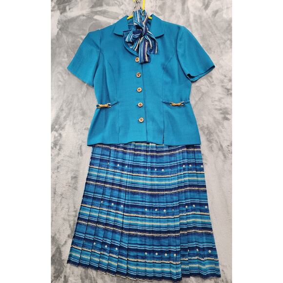 Vintage Leslie Fay Short Sleeve Blazer Striped Pleated Skirt Set Size 12 Blue - Picture 1 of 16